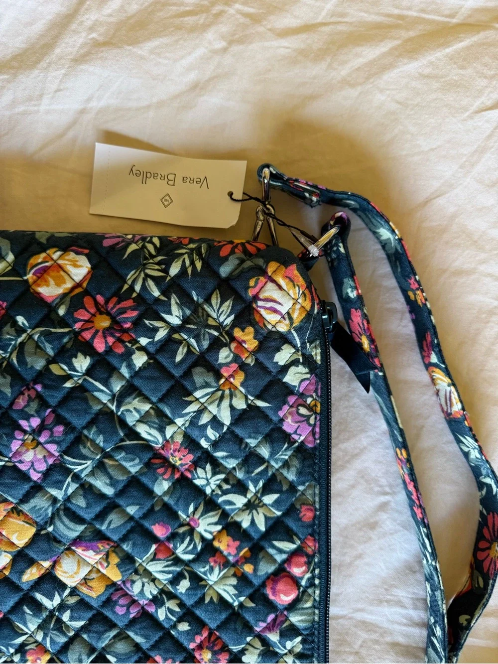 Vera Bradley Quilted Floral Tote in Dark Green with Pink & Yellow Accents